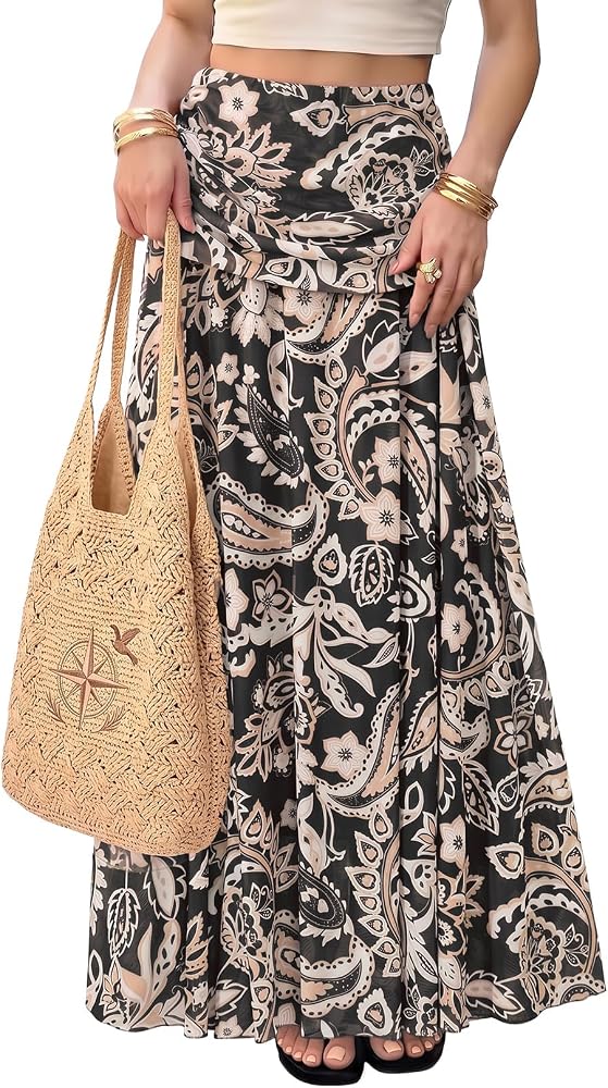 A-Line Maxi Skirt Mesh Shirred Waist Paisley Floral Summer
