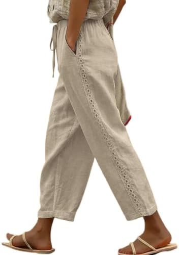 Apricot Casual Linen Pants Lightweight Drawstring Elastic Waist
