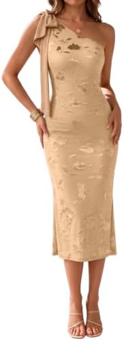 Apricot Floral One Shoulder Bodycon Mesh Midi Dress