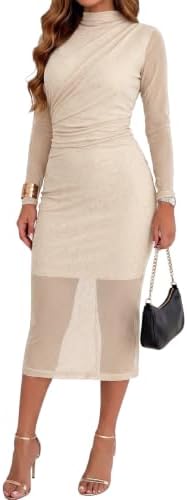 Apricot Glitter Ruched Bodycon Midi Dresses 2026 Fashion Sparkly