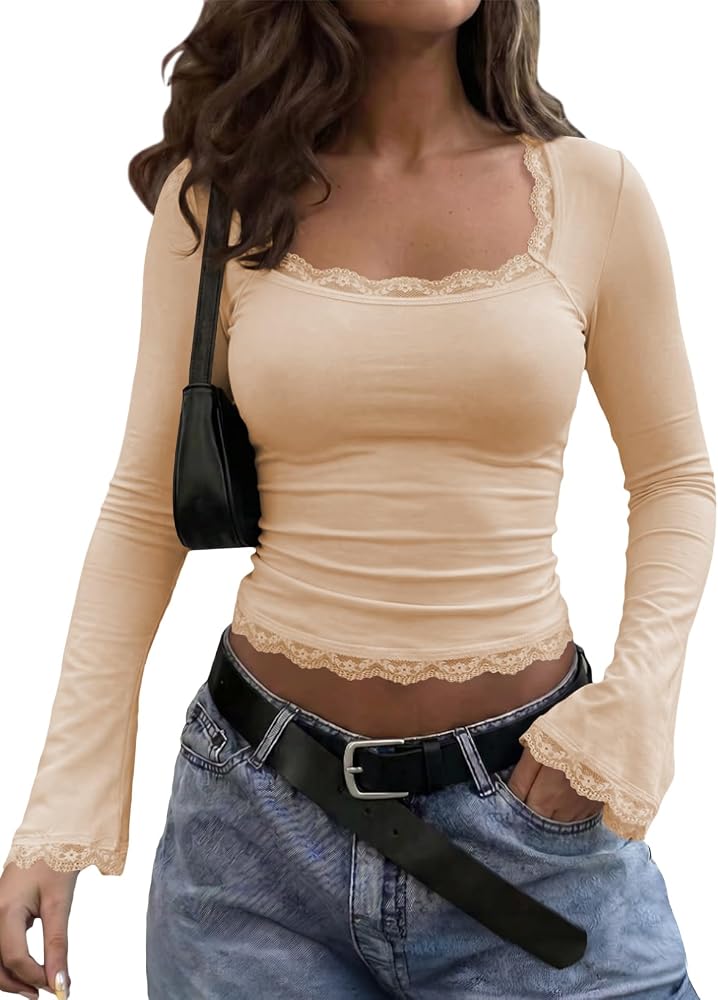 Apricot Long Sleeve Lace Trim Squared Neck Tops, , Large |