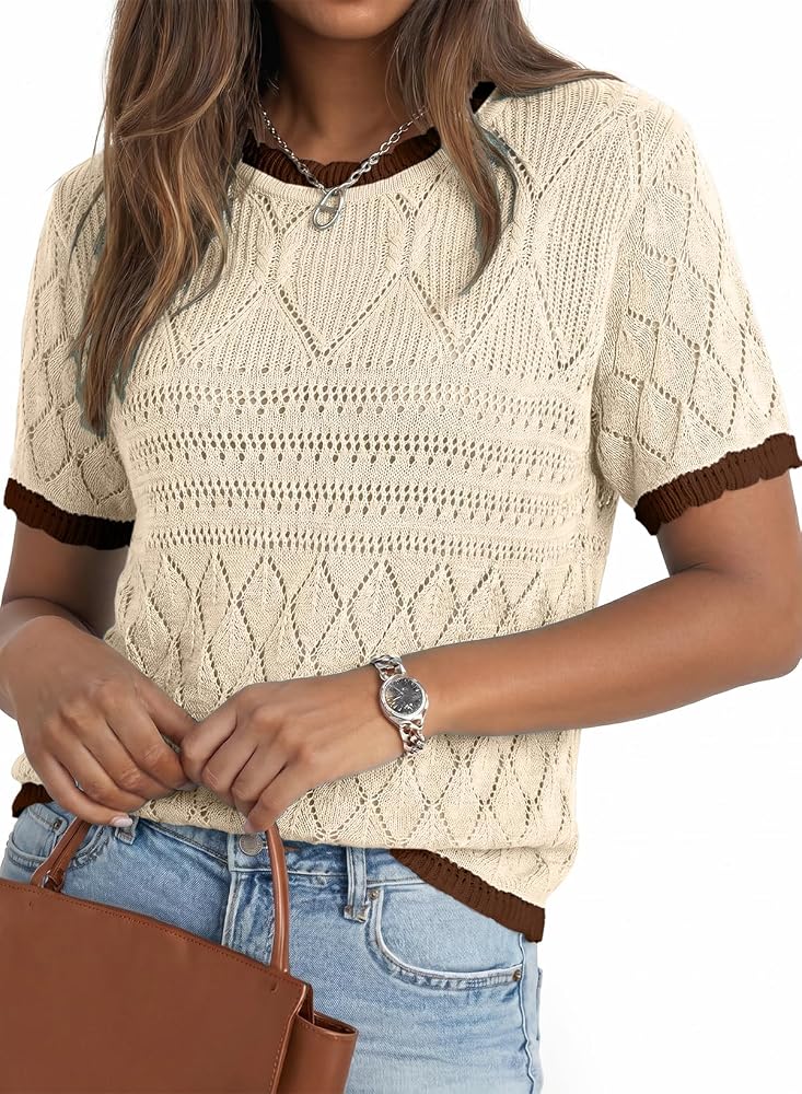 Apricot Short Sleeve Sweaters Crochet Tops