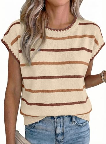 Apricot Striped Short Sleeve Sweater Knit Tops