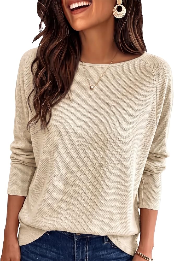 Apricot Waffle Knit Tops Long Sleeve Crewneck Soft Casual Shirt