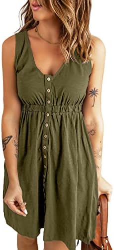 Army Green V Neck Sleeveless A Line Dresses Pleated Button Down
