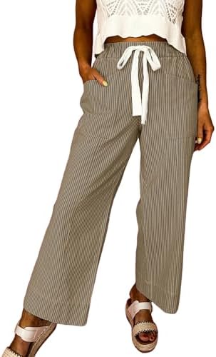 Beige Casual Fashion 2026 Summer Striped Pants Elastic Waist High