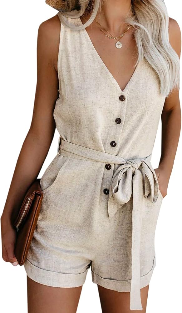 Beige Casual V Neck Sleeveless Button Down Tie Waist Summer Short