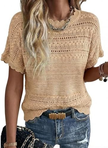 Beige Crochet Knit Sweater Crewneck Short Sleeve Top