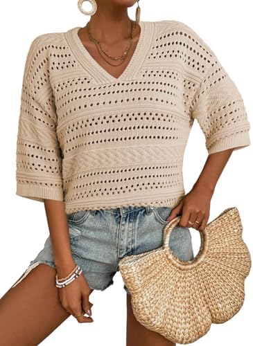 Beige Crochet Tops for Summer Short Sleeve Sweater