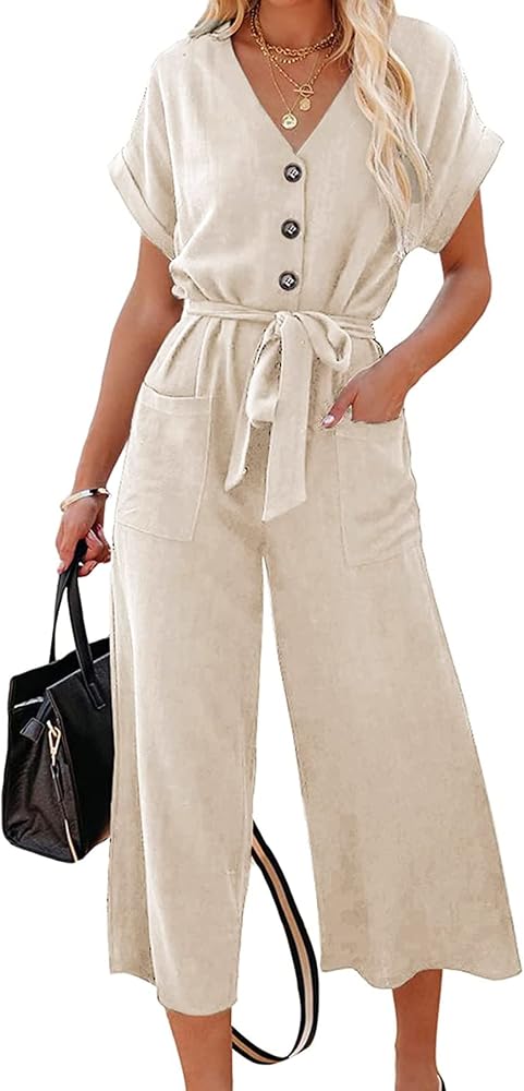 Beige Fashion 2024 Casual Summer V Neck Short Sleeve Button High
