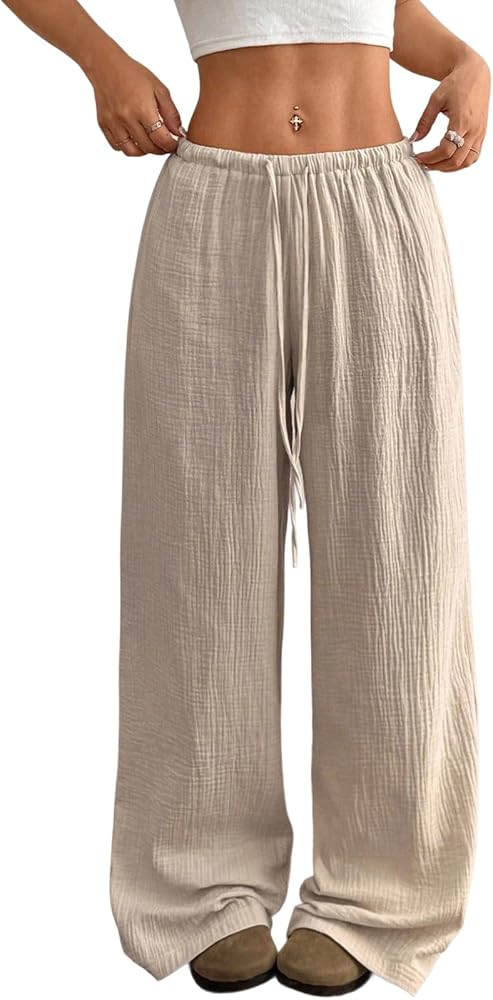 Beige Linen Pants Wide Leg Beach Trousers