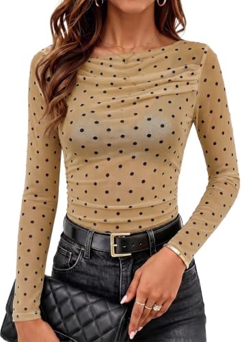 Beige Polka Dot Mesh Tops Fall Fashion 2026 Long Sleeve Boat Neck