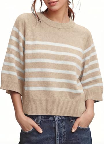 Beige Striped 3/4 Sleeve Sweaters Fall Knit Tops