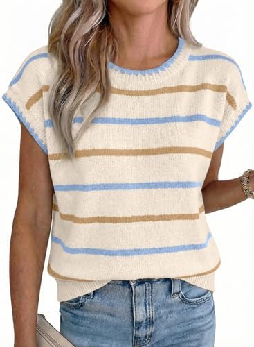 Beige Striped Short Sleeve Sweater Knit Tops