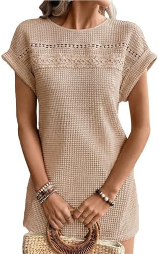 Beige Summer 2026 Waffle Knit Short Sleeve Crewneck Beach Cover