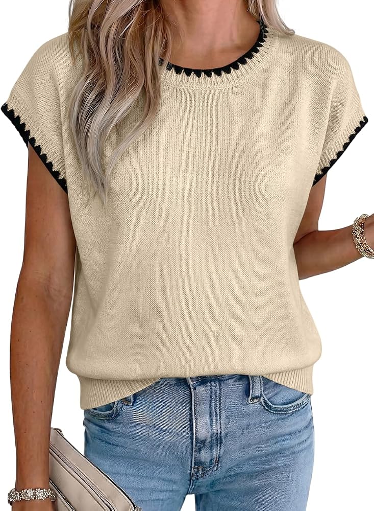 Beige Summer Short Sleeve Sweater Knit Tops