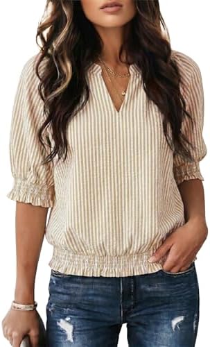 Beige Vertical Striped Short Puff Sleeve Blouse Fashion 2026