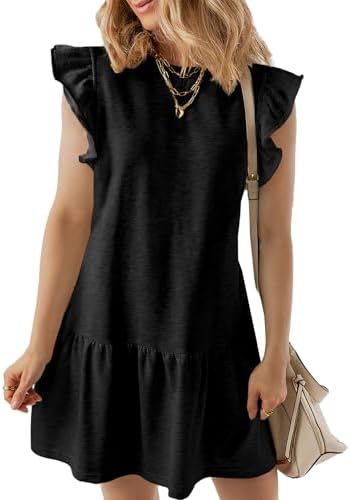 Black Casual Cute 2025 Summer Ruffle Sleeve Crewneck Babydoll