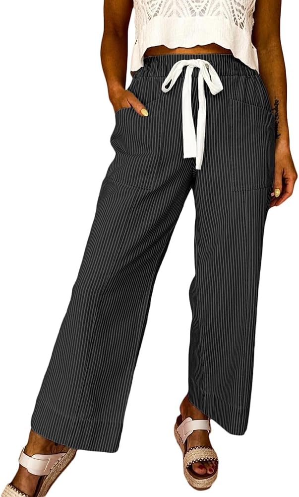 Black Casual Fashion 2026 Fall Striped Pants Elastic Waist High
