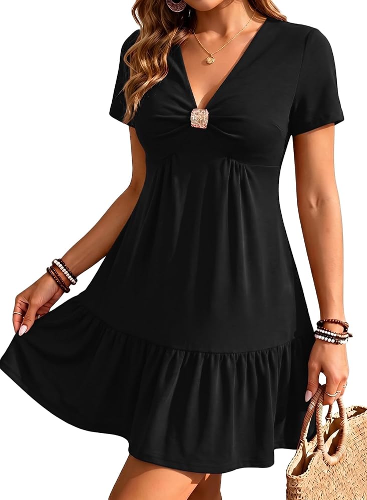 Black Casual Fashion 2026 Summer V Neck Short Sleeve Mini