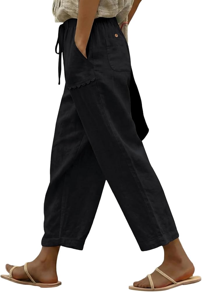Black Casual Linen Pants Lightweight Drawstring Elastic Waist