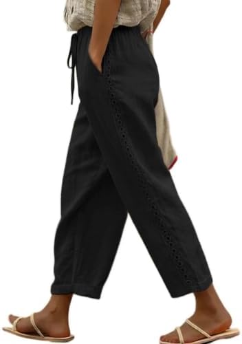 Black Casual Linen Pants Lightweight Drawstring Elastic Waist