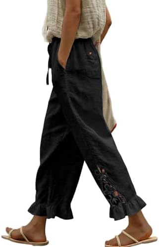 Black Casual Linen Pants Lightweight Drawstring Elastic Waist