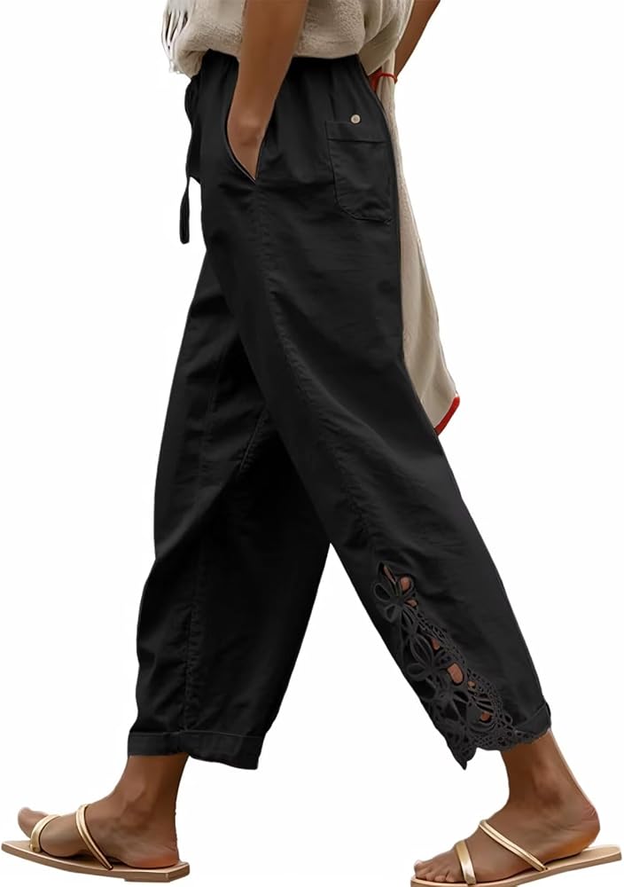 Black Casual Linen Pants Lightweight Drawstring Elastic Waist