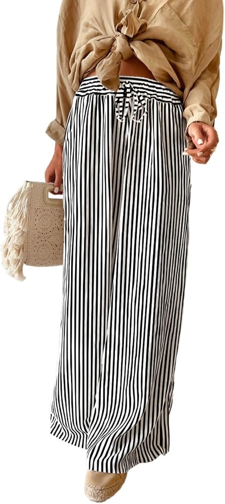 Black Casual Striped Drawstring High Waist Wide Leg Pants