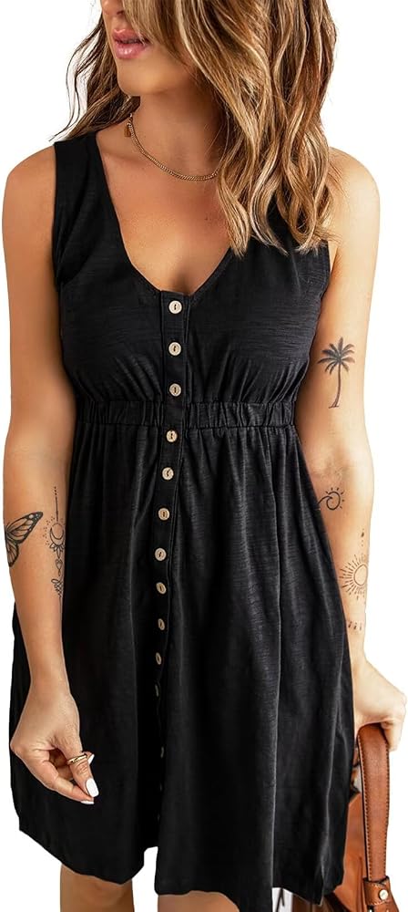 Black Casual Summer 2025 Fashion V Neck Sleeveless Button Down