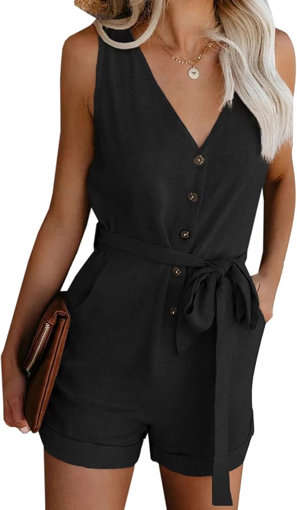 Black Casual V Neck Sleeveless Button Down Belted Summer Short