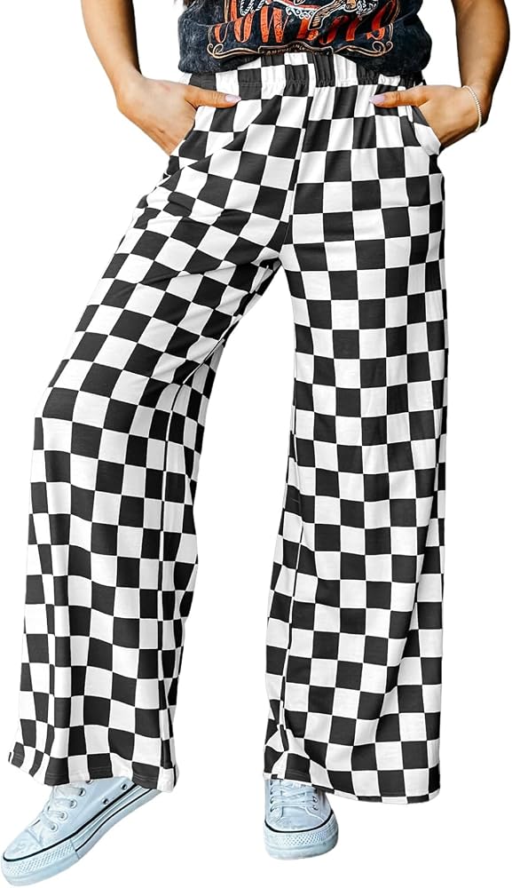 Black Checkered Pants, Small | Wide Leg, Elastic Waist, Relaxed