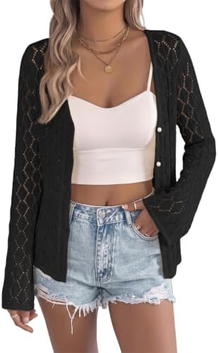 Black Crochet Knit Hollow Out V Neck Cardigan Sweater