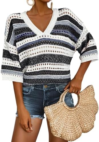 Black Crochet Tops for Summer Short Sleeve Sweater