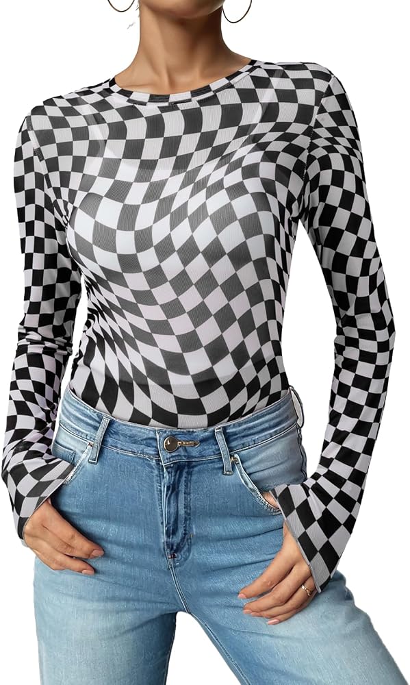 Black Fashion 2025 Checkerboard Shirts Crewneck Summer Sexy Sheer