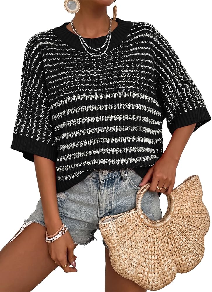 Black Fashion 2026 Oversized Striped Knit Sweater Tops 3/4 Sleeve