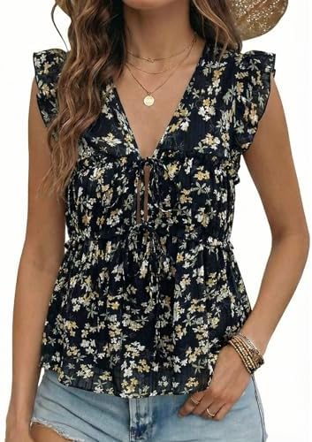 Black Fashion Trendy 2026 Summer Ditsy Floral V Neck Tie Front
