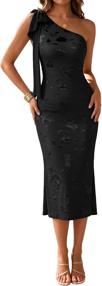 Black Floral One Shoulder Bodycon Mesh Midi Dress M | Flocked