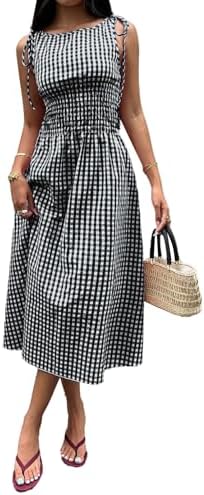 Black Gingham Dress Flowy Maxi Beach Sun Dresses
