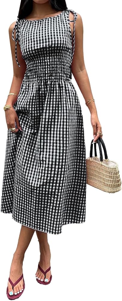 Black Gingham Dress Flowy Maxi Beach Sun Dresses