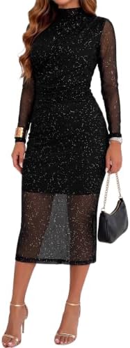 Black Glitter Ruched Bodycon Midi Dresses 2026 Fashion Sparkly