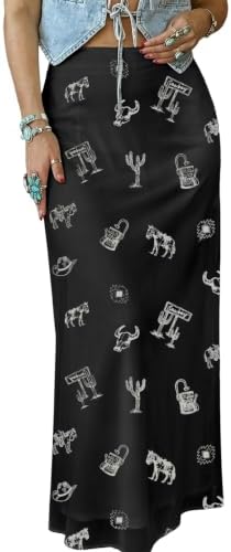 Black High Waist Western Cowboy Print Mesh Boho Maxi Skirt