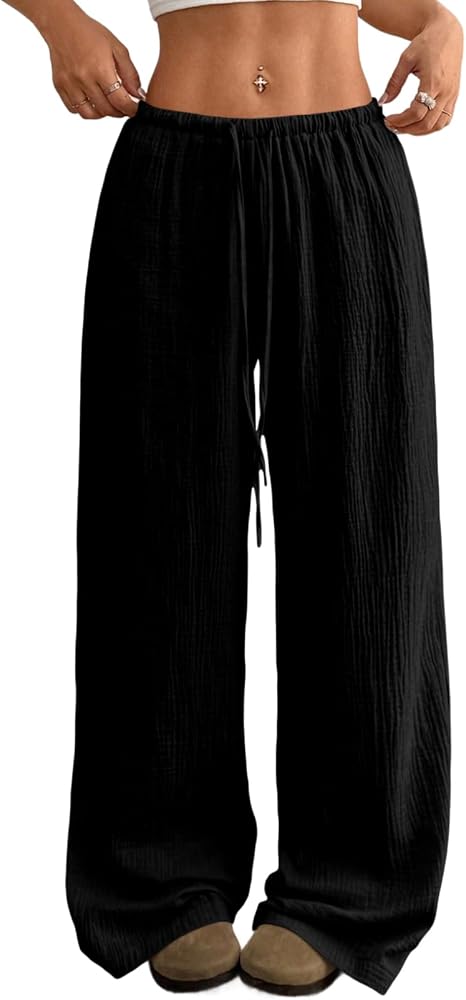 Black Linen Pants Wide Leg Beach Trousers
