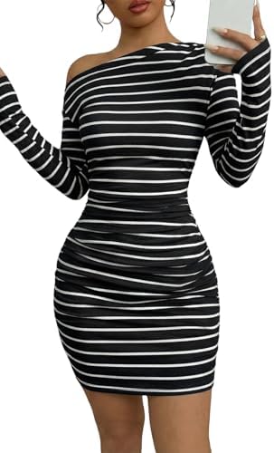 Black Off the Shoulder Striped Long Sleeve Dress