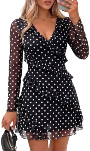 Black Polka Dot Long Sleeve A Line Mesh Mini Dress