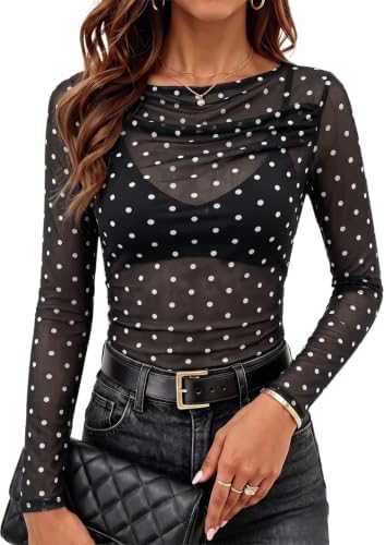 Black Polka Dot Mesh Tops Fall Fashion 2026 Long Sleeve Boat Neck