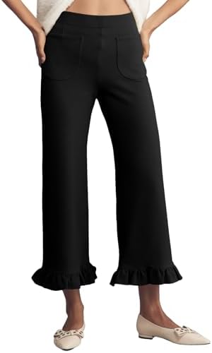 Black 's Gingham Pants Ruffle Cropped Trousers, Medium | Capri