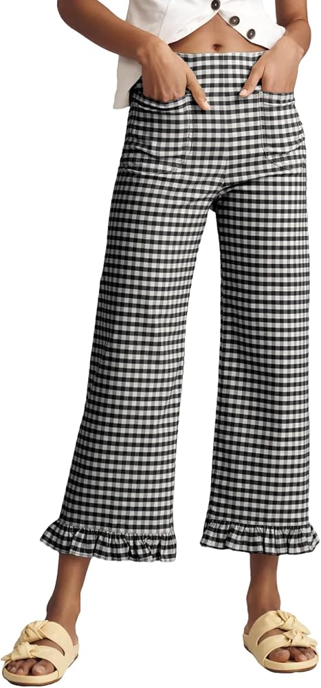 Black 's Gingham Pants Ruffle Cropped Trousers