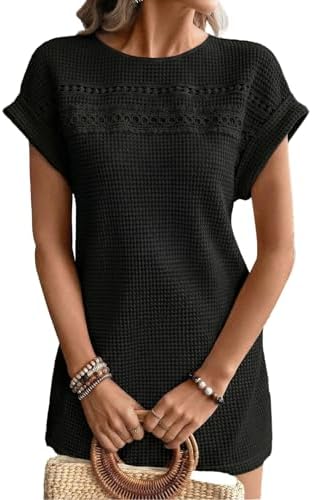 Black Summer 2026 Waffle Knit Short Sleeve Crewneck Beach Cover