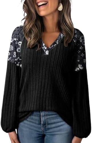 Black Sweaters for V Neck Casual Knit Long Sleeve Tops